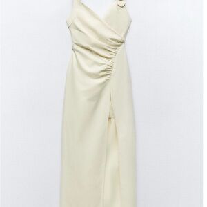 Zara Light Cream Ruched V-Neck Maxi Dress with Side Slit